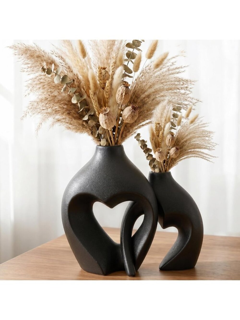 Black Ceramic Flower Vase Set of 2 Home Table Centerpiece Decor Heart Shaped